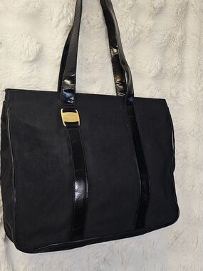 Salvatore Ferragamo Black Canvas Tote with Patent Leather Straps